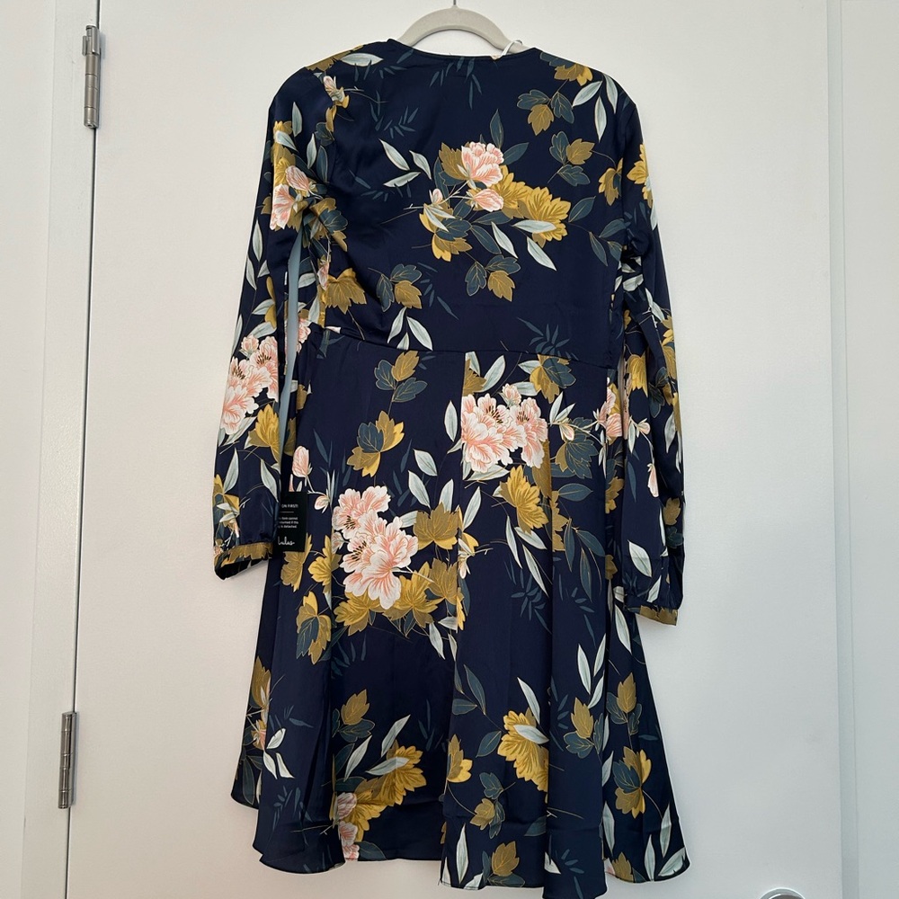 Lulu's Elegant Navy Floral Satin Dress - Picture 4 of 5